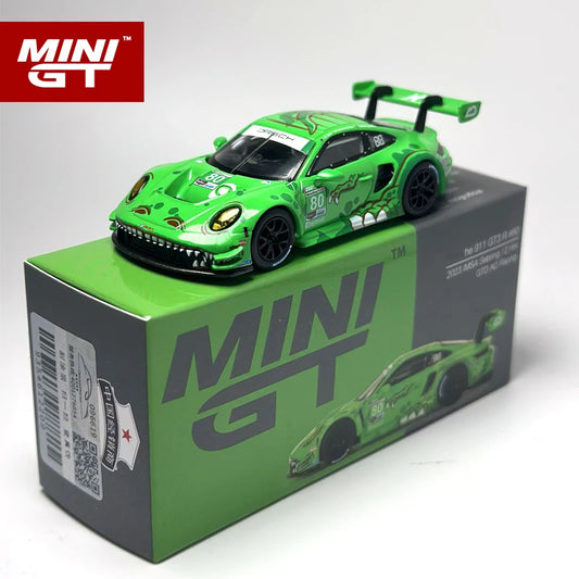 MINIGT 1:64 GT3 R 911 #80 GTD AO Racing 2023 Green Dinosaur paint alloy car model 713