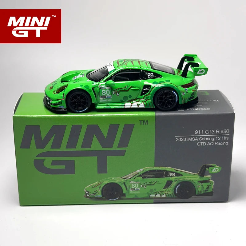 MINIGT 1:64 GT3 R 911 #80 GTD AO Racing 2023 Green Dinosaur paint alloy car model 713