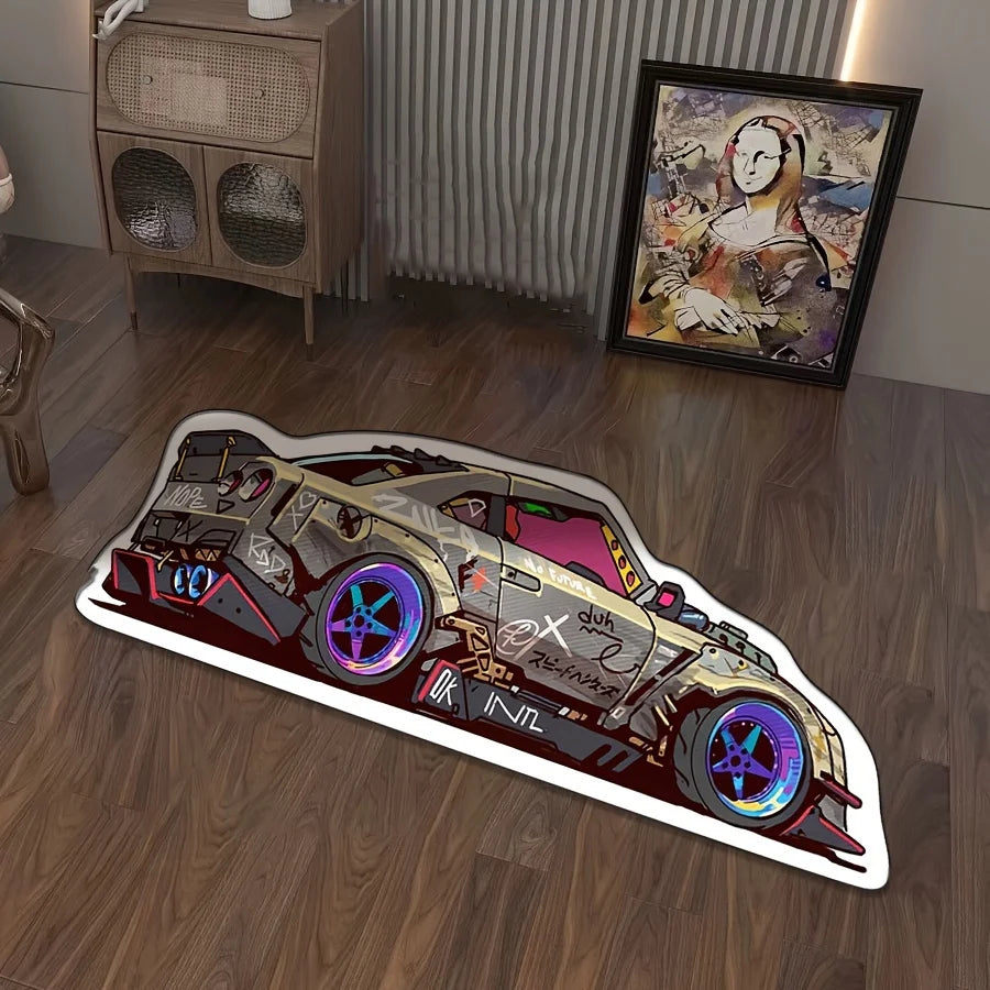 Irregular Loop Pile Graffiti Sports Car Shape Area Rug Indoor Non-Slip Customizable Size Carpet Office Nursery Room Mat